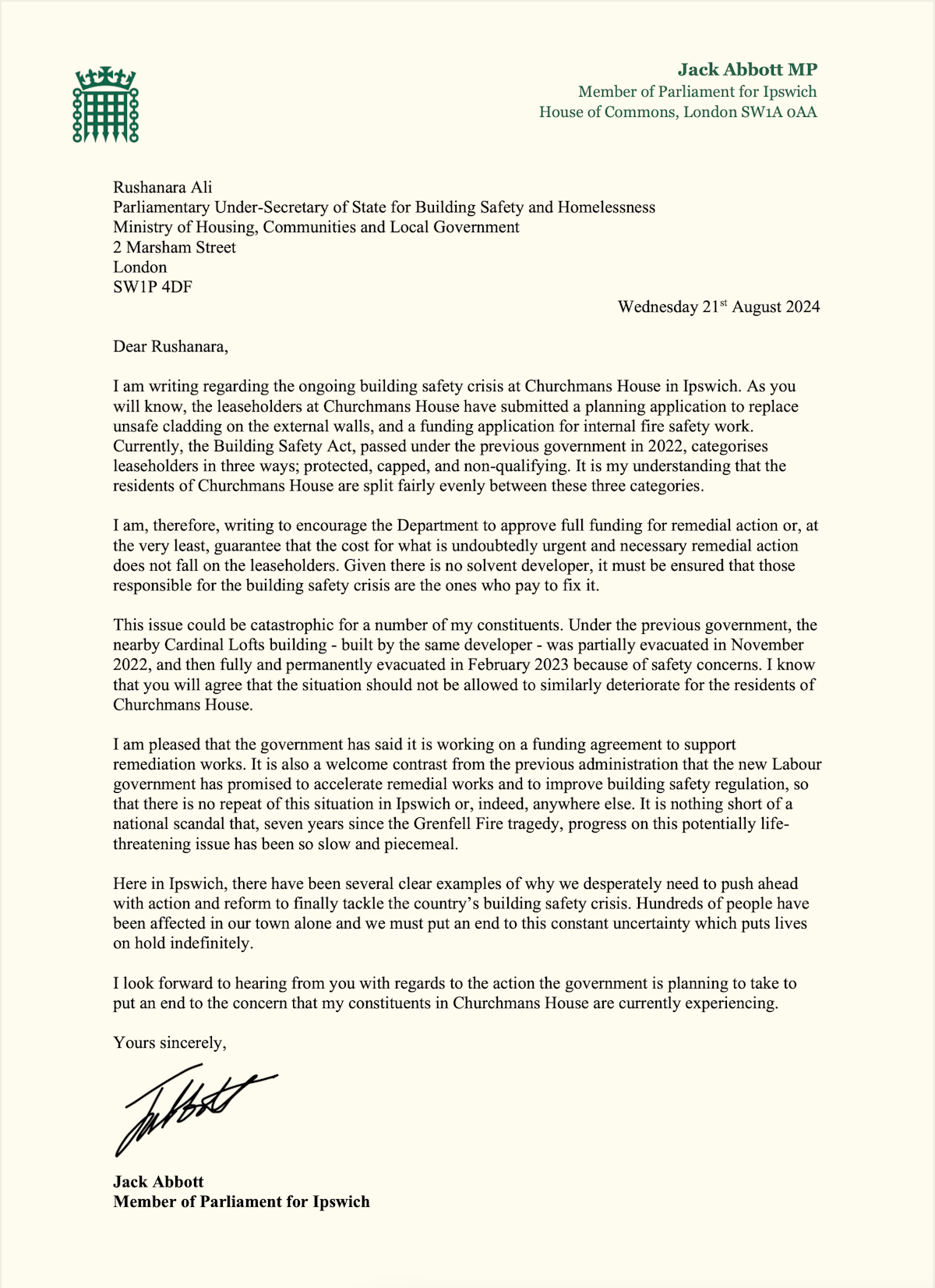 A letter from Jack Abbott to Rushanara Ali, Parliamentary Under-Secretary of State for Building Safety and Homelessness (full transcript at the bottom of the article)